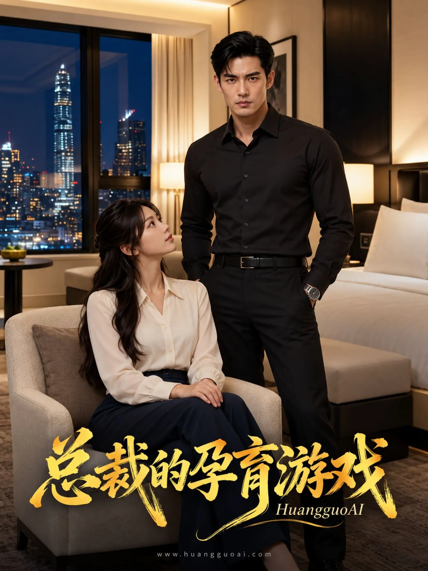 总裁题材短剧海报，黑衬衫男主角与女主角在客房内
